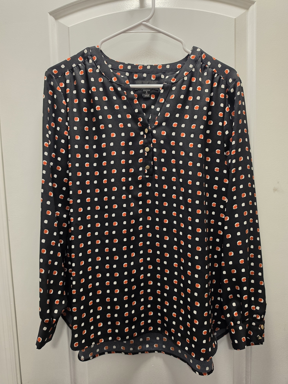 Investments Black Blouse with Red and White Dot Print